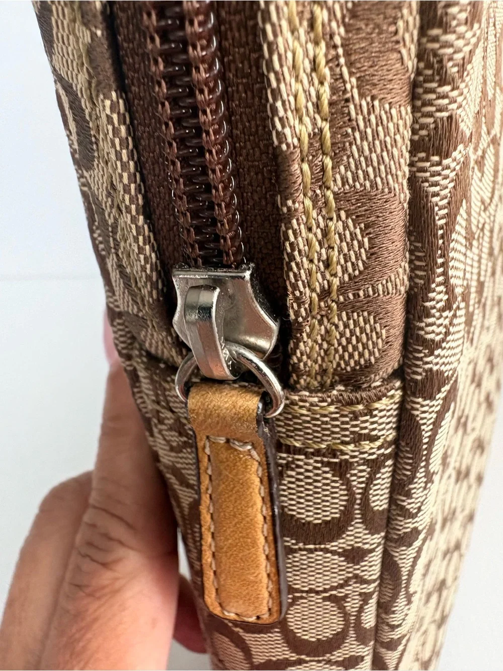 Coach Brown Signature Canvas Laptop Sleeve with Tan Stripe